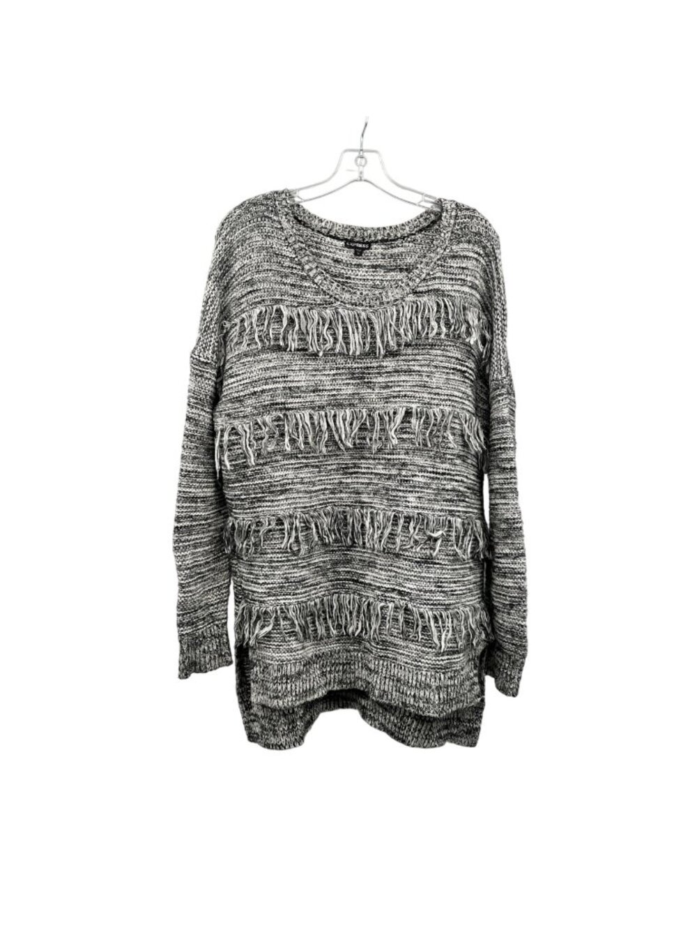 Express Womens Tunic Sweater Gray/White Knit Fringe Size Large